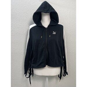 PUMA Womens XS Black Full-Zip Lace-Up Sides Ribbon L/S Logo HOODIE Jacket EUC